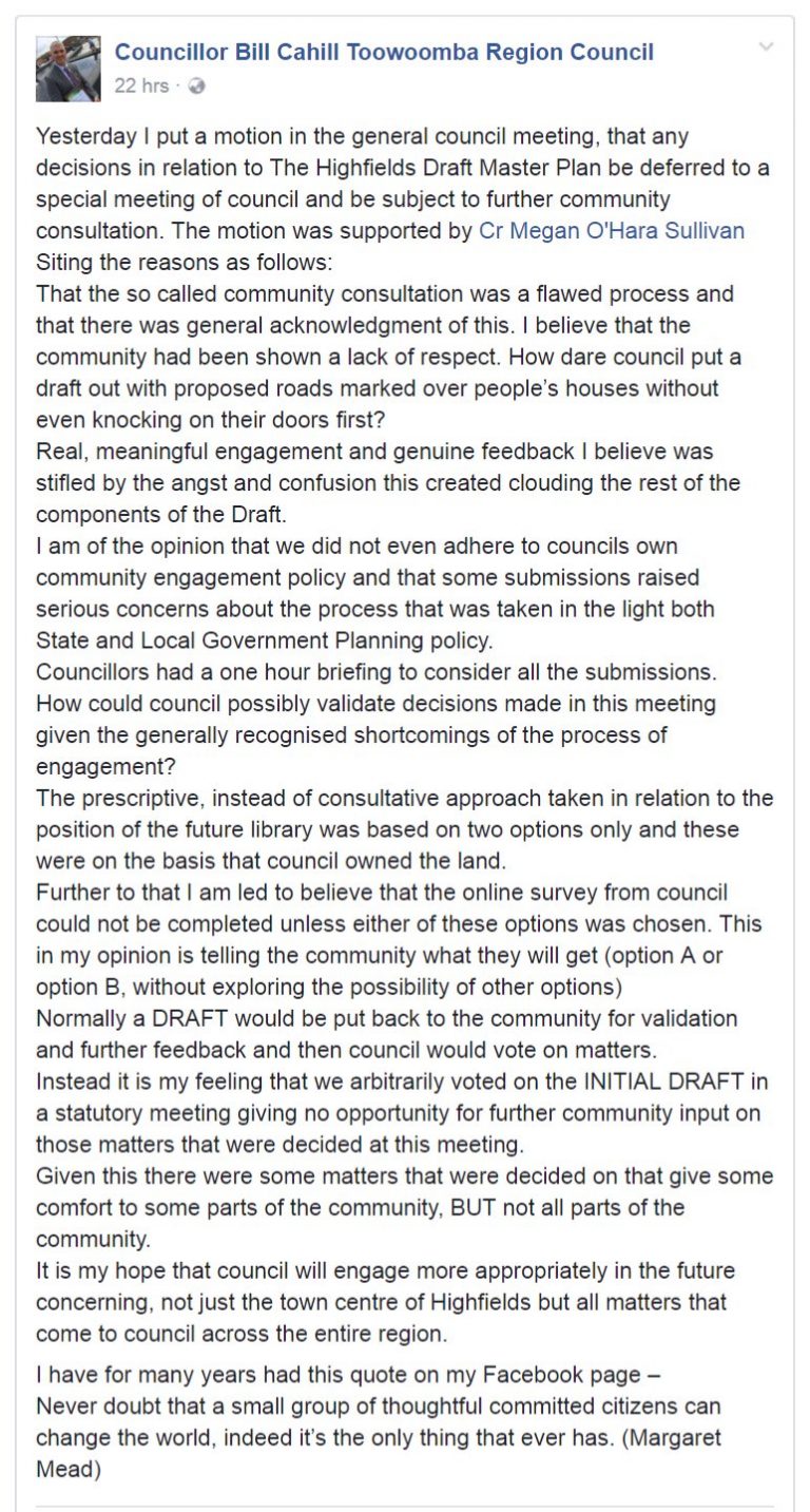 Councillor Bill Cahill Highfields Cultural Precinct Master Plan comments