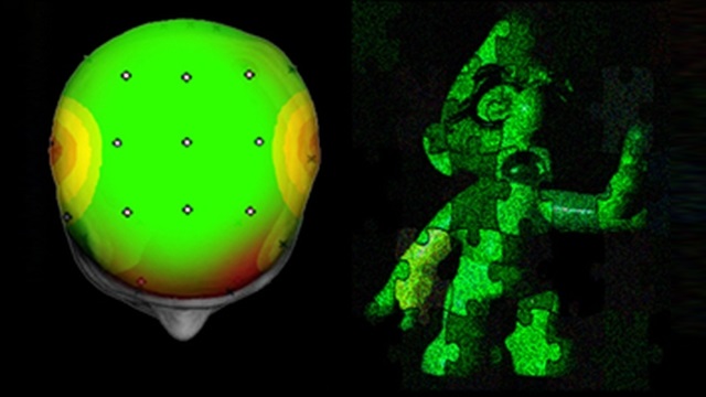 An illustration how a participant's neural brain signals can be converted into a particular light color to be used for reconstructing a holographic image