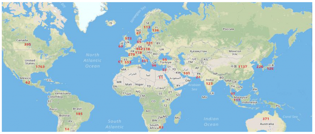 Geographic distribution of KM research articles