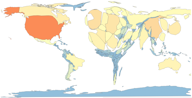 World scaled by number of documents in Web of Science by authors living there