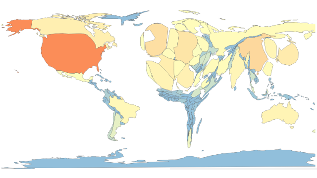 World scaled by number of documents in Web of Science by authors living there