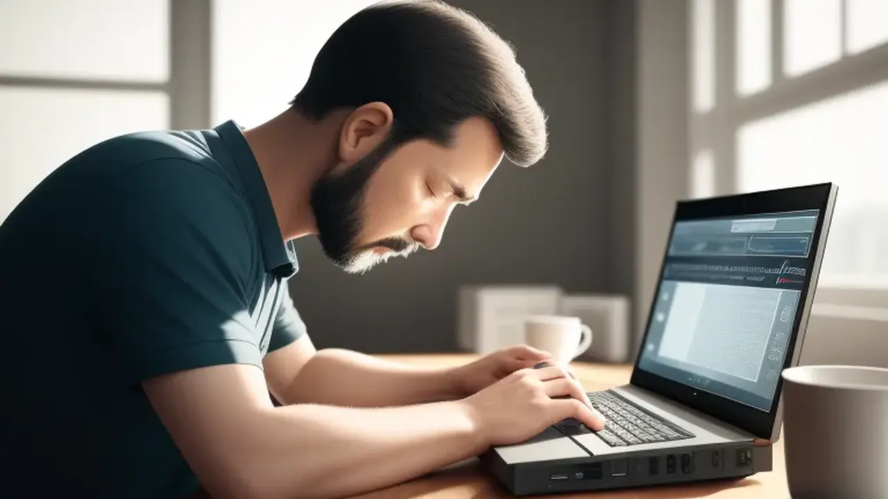 Tired man using laptop